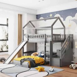 Harper&Bright Designs  Gray Twin Over Twin Wood House Bunk Bed with 2-Drawers, Stairs and Slide