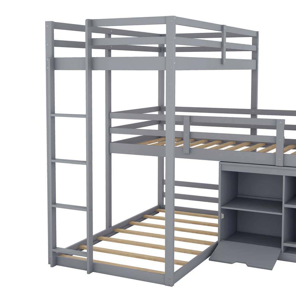 Harper & Bright Designs Gray L-Shaped Wood Triple Twin Size Bunk Bed ...