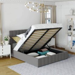 None  Gray Queen Size Upholstered Platform Bed with a Hydraulic Storage System