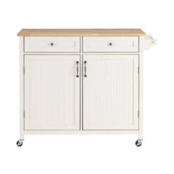 StyleWell  Bainport Ivory with Butcher Block Top Wooden Rolling Kitchen Cart and Double-Drawer Storage (44" W)