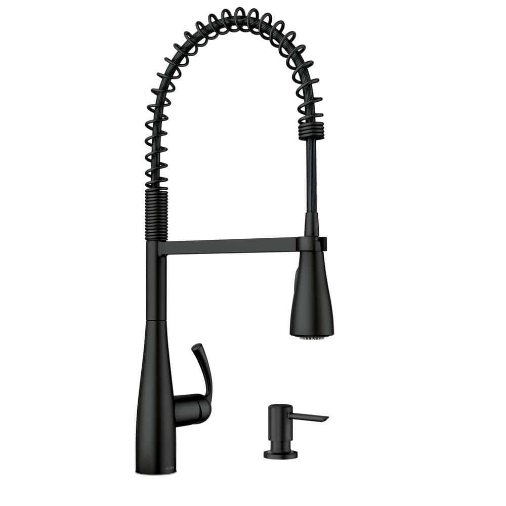 MOEN Essie Single-Handle Pre-Rinse Spring Pulldown Sprayer Kitchen Faucet with Power Clean in Matte Black MOEN Essie Single-Handle Pre-Rinse Spring Pulldown Sprayer Kitchen Faucet with Power Clean in Matte Black