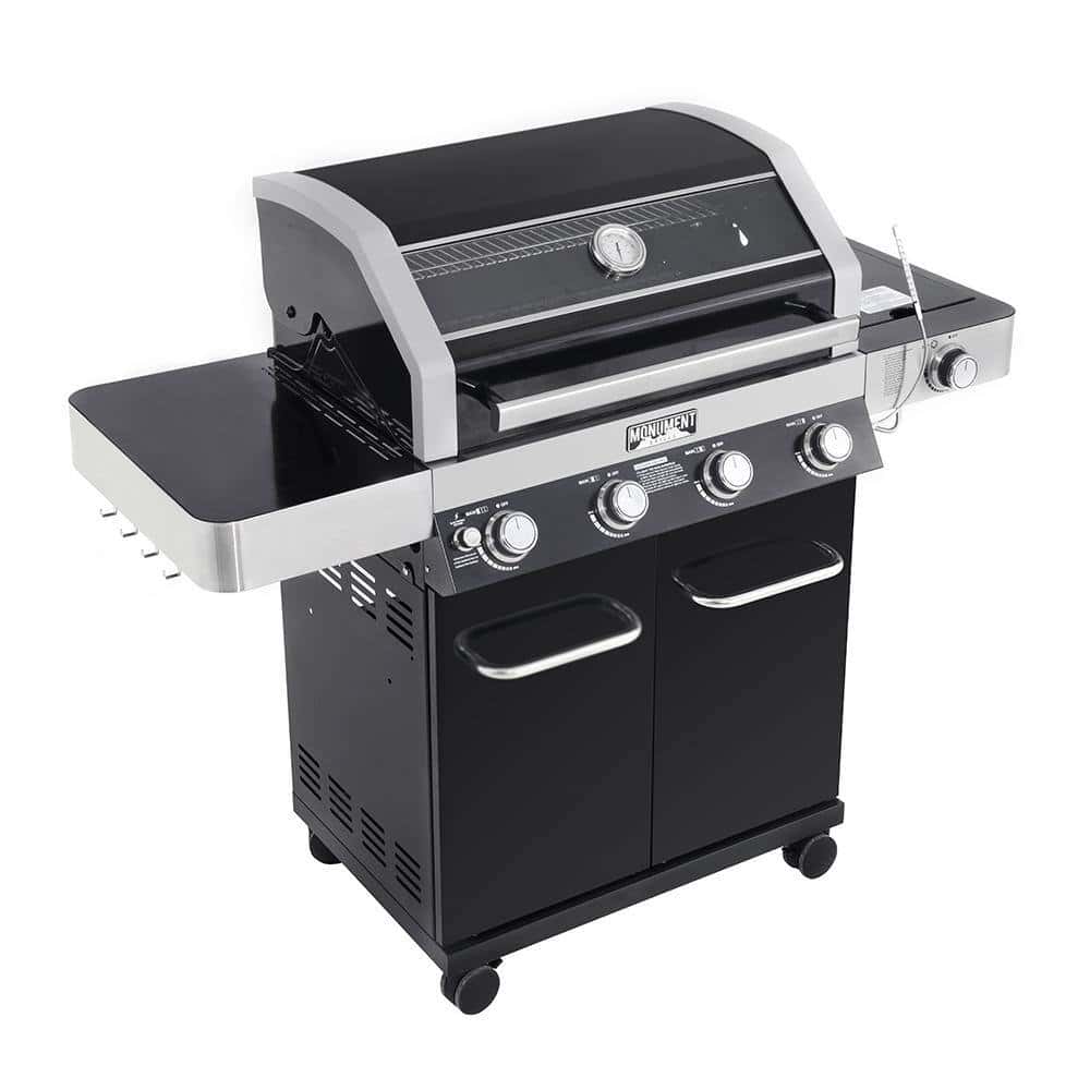 Monument Grills 42538B 4-Burner Propane Gas Grill in Black with ClearView Lid, LED Controls, Side Burner and USB Light Monument Grills 42538B 4-Burner Propane Gas Grill in Black with ClearView Lid, LED Controls, Side Burner and USB Light