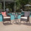 Noble House Ava Brown 3-Piece Aluminum and Plastic Square Outdoor Bistro Set with Beige Cushions