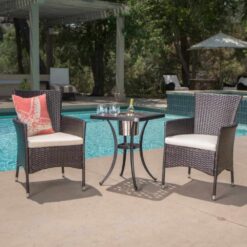 Noble House  Ava Brown 3-Piece Aluminum and Plastic Square Outdoor Bistro Set with Beige Cushions