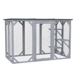 PawHut D32-002GY 71 in. L Grey Wooden Outdoor Cat House with Asphalt Roof, Multi-Level Platforms, and Large Enter Door