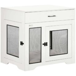 PawHut D02-133V00WT Dog Crate Furniture with Soft Water-Resistant Cushion, Dog Crate End Table with Drawer, White