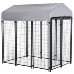 PawHut D02-011V02 Black Steel 6 ft.  x 4 ft.  x 6 ft.  0.0005 -Acre In-Ground Dog Fence Dog Kennel Outdoor Steel Fence with Canopy