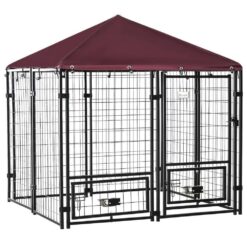 PawHut D02-092 0.0005-Acre Black Steel In-Ground Dog Fence Dog Kennel House with Canopy and 2-Bowls