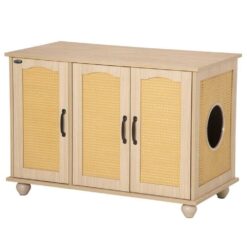 PawHut D31-058V80AK 39 in. x 21 in. x 27 in. Indoor Oak Wooden/Rattan Cat Litter Box Enclosure, Hidden Cat Washroom with Soft Cushion