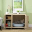 PawHut D31-058V80AK 39 in. x 21 in. x 27 in. Indoor Oak Wooden/Rattan Cat Litter Box Enclosure, Hidden Cat Washroom with Soft Cushion