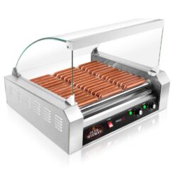 Olde Midway  269 sq. in. Stainless Steel Indoor Grill Hot Dog, Sausage Electric Countertop Cooker Machine with 11-Rollers and Cover