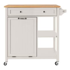 StyleWell  Bainport Ivory Wooden Rolling Kitchen Cart Butcher Block Top and Trash Storage (34" W)