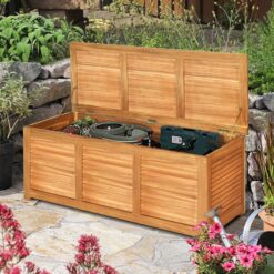 Gymax Acacia Wood Deck Box 47 Gallon Garden Backyard Storage Bench Container