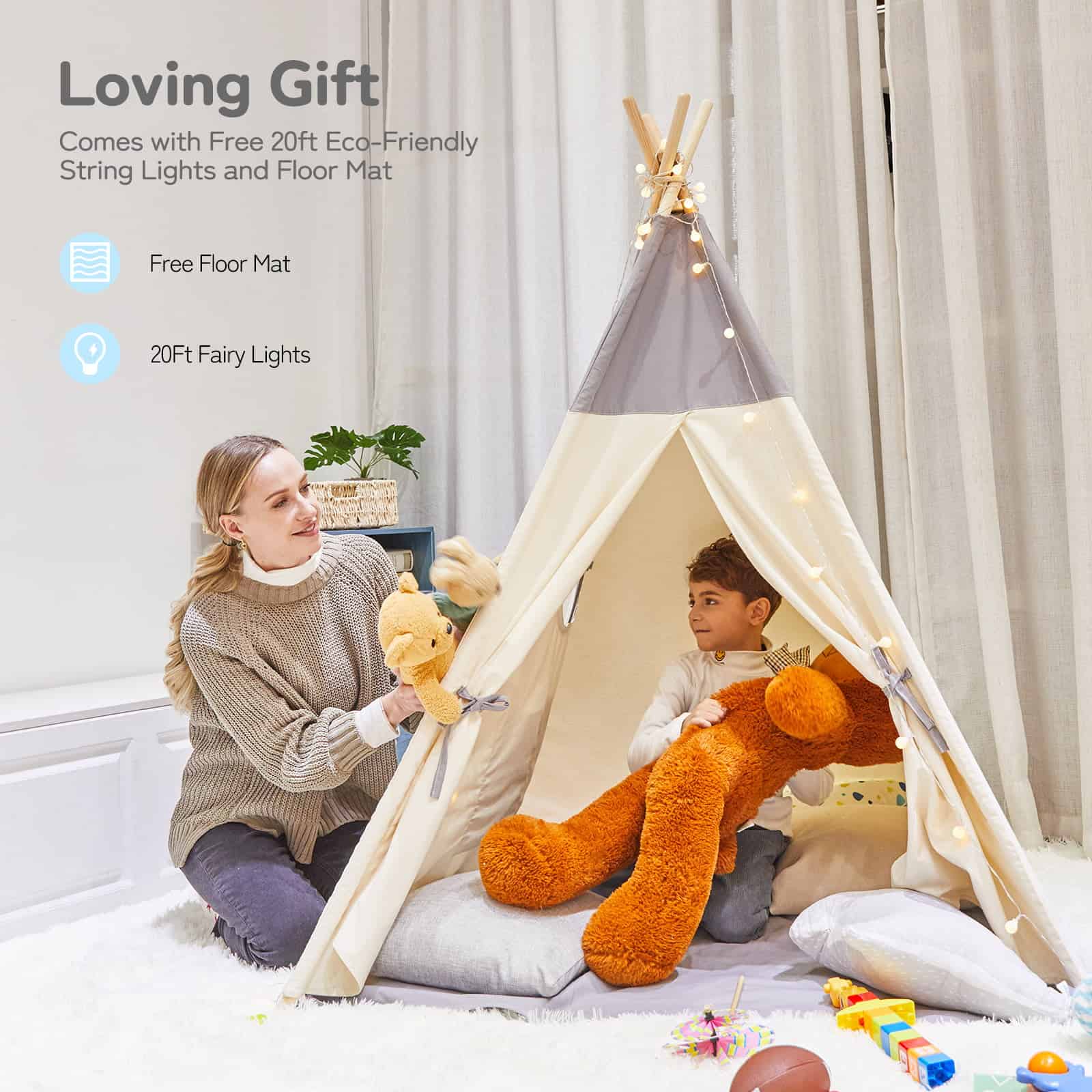 Besrey Kids Teepees Play Tent with Free String Lights & Mat, Portable Canvas Playhouse for Kids Indoor Outdoor Playing Besrey Kids Teepees Play Tent with Free String Lights & Mat, Portable Canvas Playhouse for Kids Indoor Outdoor Playing - Image 2