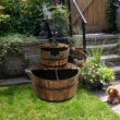 Topbuy 2-Tier Barrel Waterfall Rustic Fountain Barrel Wooden Water Fountain Pump for Garden Patio