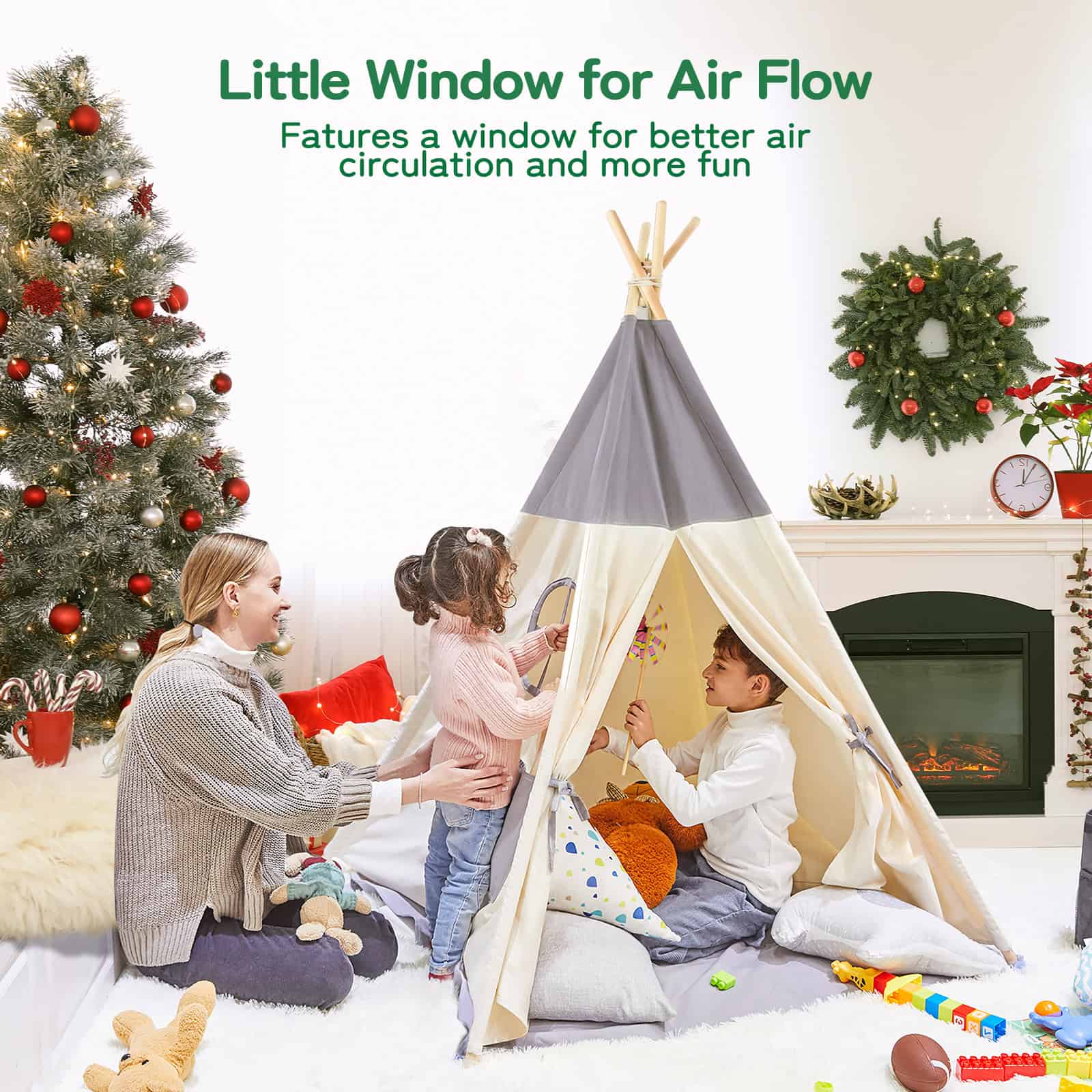 Besrey Kids Teepees Play Tent with Free String Lights & Mat, Portable Canvas Playhouse for Kids Indoor Outdoor Playing Besrey Kids Teepees Play Tent with Free String Lights & Mat, Portable Canvas Playhouse for Kids Indoor Outdoor Playing - Image 5