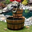Costway 2 Tier Barrel Waterfall Fountain Barrel Wooden Water Fountain Pump Outdoor Garde