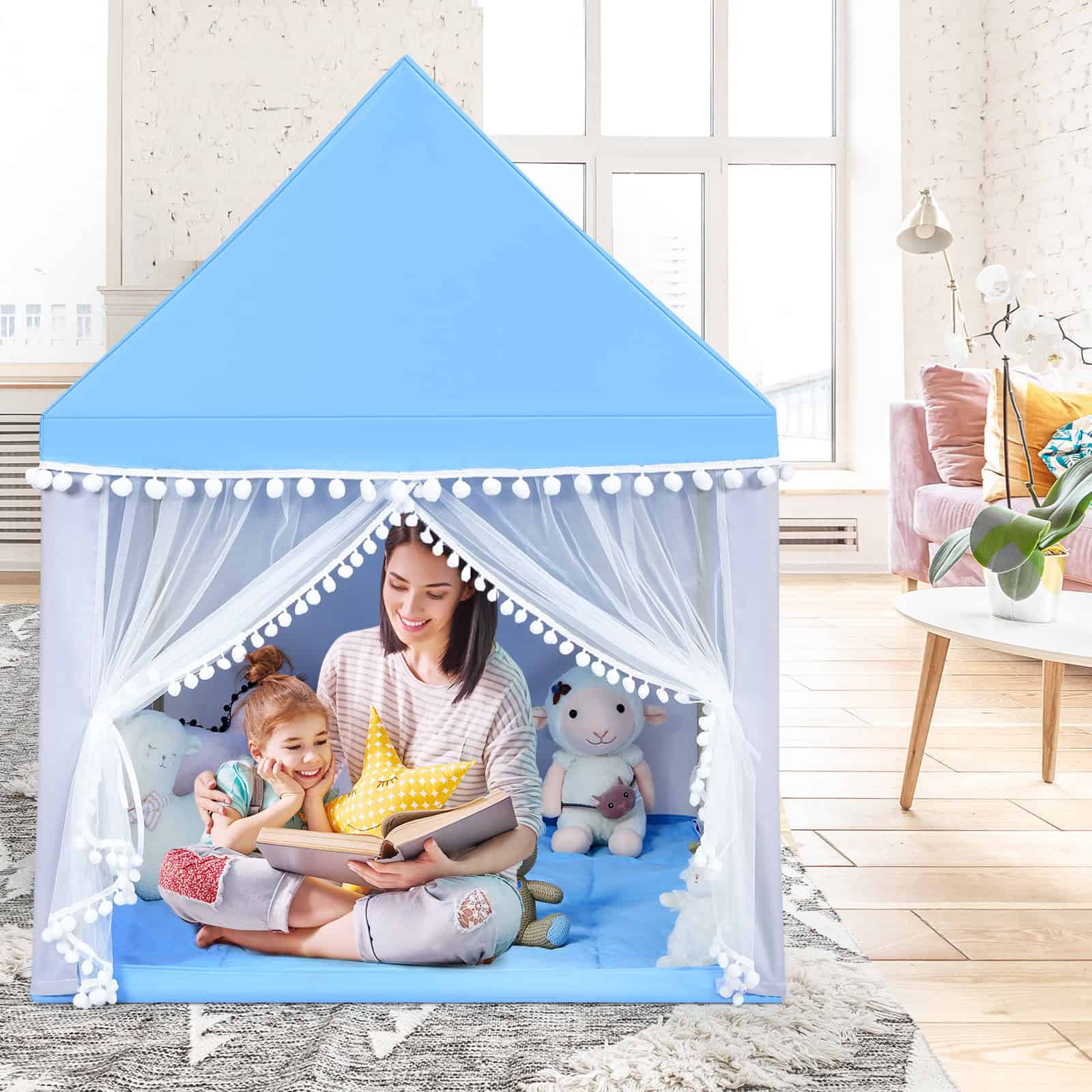 Costway Kids Play Tent Large Playhouse Children Play Castle Fairy Tent Gift w/ Mat Blue Costway Kids Play Tent Large Playhouse Children Play Castle Fairy Tent Gift w/ Mat Blue - Image 3
