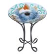 Solar Bird Bath with Metal Stand, Glass Bird Baths for Outdoors, Sea Turtle Pattern Bird Feeder for Garden, Yard, Lawn Decor