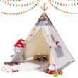 Besrey Kids Teepees Play Tent with Free String Lights & Mat, Portable Canvas Playhouse for Kids Indoor Outdoor Playing