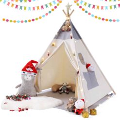 Besrey Kids Teepees Play Tent with Free String Lights & Mat, Portable Canvas Playhouse for Kids Indoor Outdoor Playing