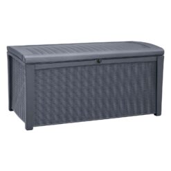 Keter Borneo 110gal Rattan Wicker Resin Patio Deck Storage Box Bench, Grey