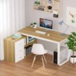 FUFU&GAGA 55.1 in. L-Shaped Beige Wood Computer Desk Writing Desk Office Executive Desk W/Removable Tabletop, Shelves, 3-Drawers FUFU&GAGA 55.1 in. L-Shaped Beige Wood Computer Desk Writing Desk Office Executive Desk W/Removable Tabletop, Shelves, 3-Drawers