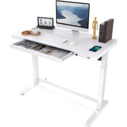 FLEXISPOT 48" W Home Office Height Adjustable Standing Desk White Chipboard Top with USB Charge Ports, Drawer