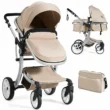 Costway Folding Aluminum Infant Bassinet Reversible Baby Stroller W/ Diaper Bag Beige
