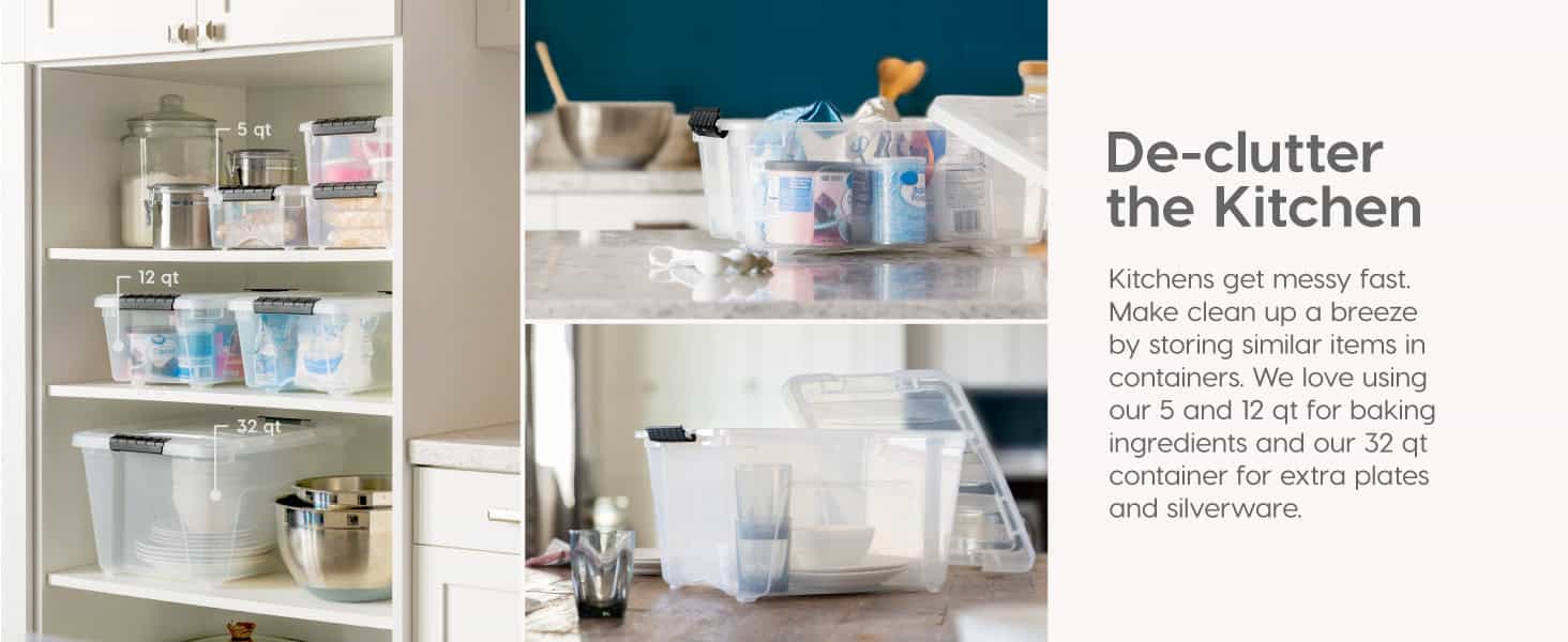 IRIS USA 12 Qt. Plastic Storage Bin Tote Organizing Container, 6 Pack, clear with Black Buckle