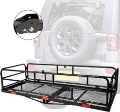 Folding Hitch Mount Cargo Carrier, 500lb Heavy Duty Capacity Rear Cargo Luggage Rack Basket for Car SUV Camping Traveling,60" X 24" X 14", Black