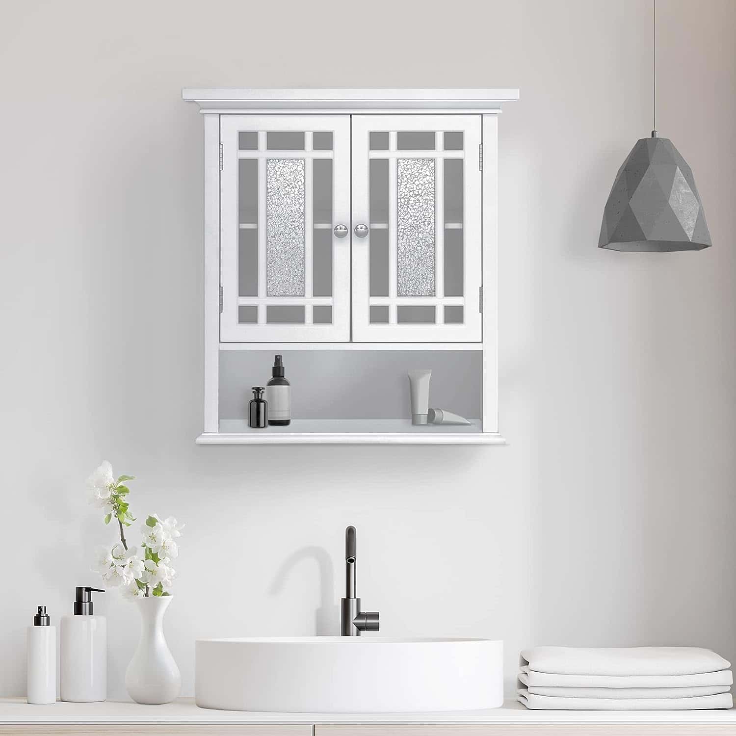 Teamson Home Windsor Wooden Over The Toilet Bathroom Removable Wall Medicine Cabinet, White Teamson Home Windsor Wooden Over The Toilet Bathroom Removable Wall Medicine Cabinet with 1 Fixed and 1 Adjustable Shelf 3 Storage Spaces 2 Glass Mosaic Panel Doors and Chrome-Finished Knobs, White - 2