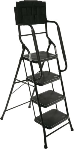 WiberWi 4 Step Ladder with Handrails 500 lb Capacity Step Stool Folding Portable Ladders for Home Kitchen Steel Frame with Non-Slip Wide Pedal Stepladder with Attachable Tool Bag Black - 1