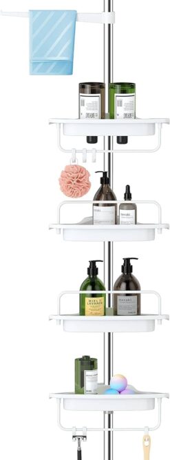 ALLZONE Rustproof Shower Caddy Corner for Bathroom,Bathtub Storage Organizer for Shampoo Accessories,4-Tier Adjustable Shelves with Tension Pole, 56 to 114 Inch, White - 1