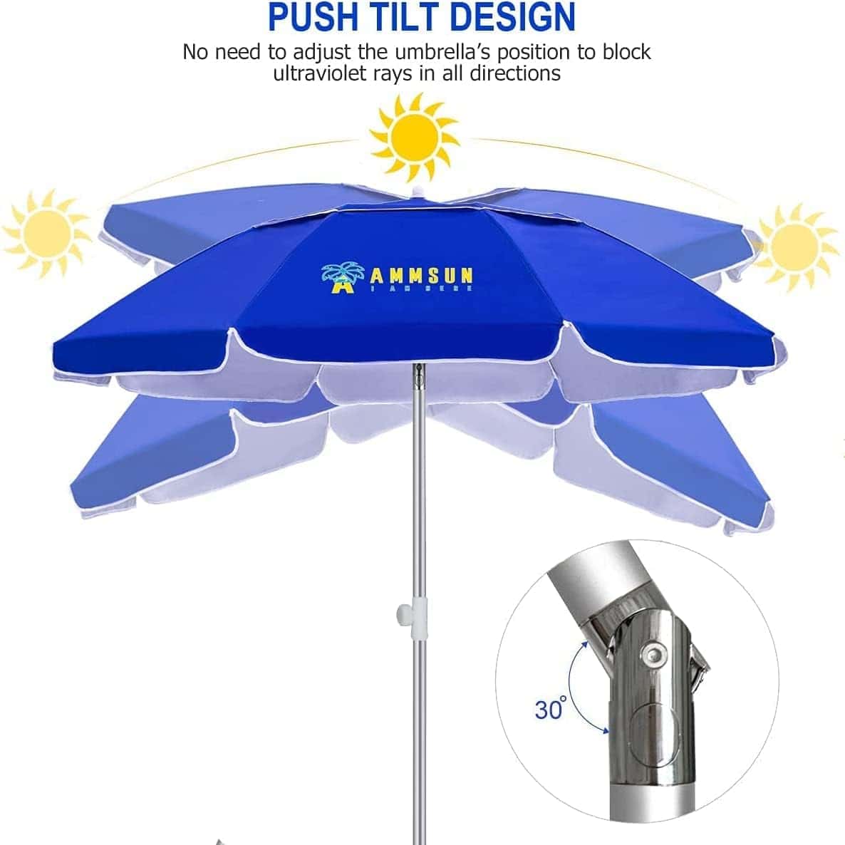 AMMSUN 6.5ft twice folded Portable beach umbrella with sand anchor windproof AMMSUN 6.5ft twice folded Portable beach umbrella with sand anchor windproof,Push Button Tilt and Air vent UV 50+ Protection Fits in a large Suitcase for Patio Garden Beach Pool Backyard Blue - 7