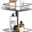 SEIRIONE Tension Corner Shower Pole Caddy, Rustproof Stainless Steel, 4 Tier Adjustable Baskets for Organizing Hand Soap, Body Wash, 56 to 114 Inch Height, Oil Bronze - 1