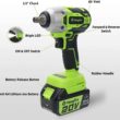Yougfin Cordless Impact Wrench, 20V Power Brushless Impact Driver,2 Variable Speed Mode, High Torque 320N.M, 4.0Ah Li-ion Battery & Fast Charger, Power Tool for Home ＆ Car (1/2 Inch) - 6