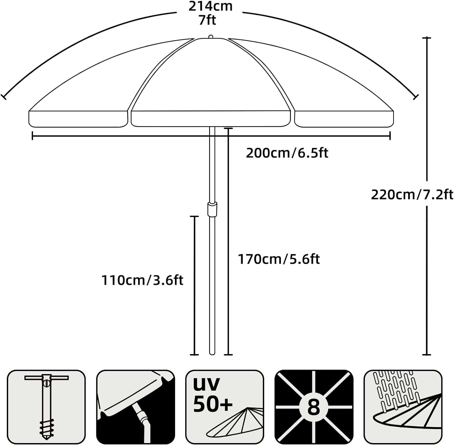 AMMSUN 7ft Heavy Duty High Wind Beach Umbrella Parasols with sand anchor & Tilt Sun Shelter AMMSUN 7ft Heavy Duty High Wind Beach Umbrella Parasols with sand anchor & Tilt Sun Shelter, UV 50+ Protection Outdoor Sunshade Umbrellas Carry Bag for Patio Garden Pool Backyard Stripe Blue - 6