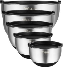 Wildone Mixing Bowls with Airtight Lids, Stainless Steel Nesting Mixing Bowls Set of 5, with Non-slip Silicone Bottoms, Size 8, 5, 3, 2, 1.5 QT, Stackable Design, Great for Mixing and Prepping - 1