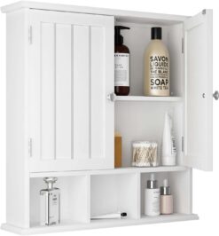ChooChoo Bathroom Cabinet Wall Mounted 2-Door with 3 Open Shelves, Wooden Medicine Cabinets with Adjustable Shelf, Space Saver Storage Cabinets Over The Toilet for Bathroom&Living Room, White - 1