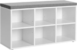 VASAGLE Shoe Bench, Shoe Storage Organizer with 6 Compartments and 3 Adjustable Shelves, Cushioned Seat, Compact and Narrow, for Entryway, Hallway, Closet, White and Gray ULHS23WT - 1