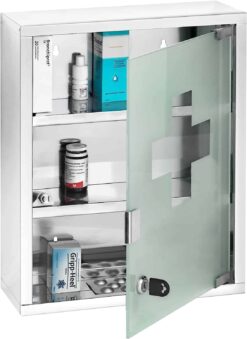 WENKO Medicine Cabinet with Lock, Wall mounted Bathroom Storage, Hanging Medical Cabinet, First Aid Wall Cabinet with Safety Glass Door, Modern, Medium, 11.8 x 15.7 x 4.7 in, Silver Shiny - 1