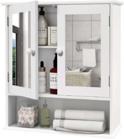 TaoHFE Medicine Cabinet, Medicine Cabinets for Bathroom with Mirror 2 Doors 3 Open Shelf, Bathroom Cabinet Wall Mounted Wooden Storage Over Toilet Laundry Room Kitchen - 1