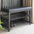 Finnhomy Entryway Shoe Rack with Cushioned Seat, Shoe Bench for Entry, 2 Shelves Storage Bench w/Faux Leather Top Bed Bench, Black - 1