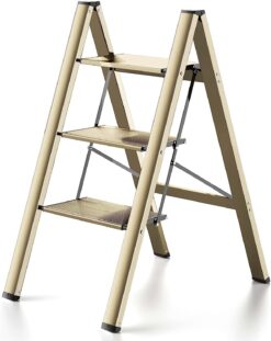 3 Step Ladder Aluminum Lightweight Folding Step Stool Wide Anti-Slip Pedal 330 Lbs Capacity Household Office Portable Stepladder,Champagne Gold - 1