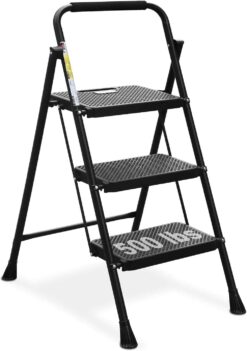 HBTower 3 Step Ladder, Folding Step Stool with Wide Anti-Slip Pedal, 500lbs Sturdy Steel Ladder, Convenient Handgrip, Lightweight, Portable Steel Step Stool, Black - 1
