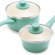 GreenLife Soft Grip Healthy Ceramic Nonstick, 1QT and 2QT Saucepan Pot Set with Lids, PFAS-Free, Dishwasher Safe, Turquoise - 1
