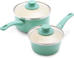 GreenLife Soft Grip Healthy Ceramic Nonstick, 1QT and 2QT Saucepan Pot Set with Lids, PFAS-Free, Dishwasher Safe, Turquoise - 1