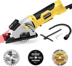 Mini Circular Saw, ENVENTOR 4.8A Electric Circular Saw Corded with Laser Guide, 4000RPM, 3 Saw Blades 3-3/8" Max Cutting Depth 1-1/16", Compact Hand Saw for Wood, Soft Metal, Tile, Plastic Cuts - 1