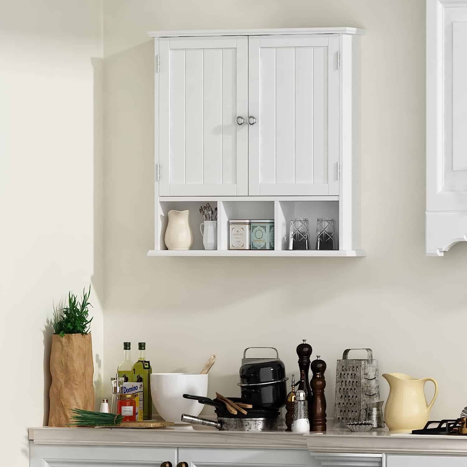 ChooChoo Bathroom Cabinet Wall Mounted 2-Door with 3 Open Shelves, Wooden Medicine Cabinets, White ChooChoo Bathroom Cabinet Wall Mounted 2-Door with 3 Open Shelves, Wooden Medicine Cabinets with Adjustable Shelf, Space Saver Storage Cabinets Over The Toilet for Bathroom&Living Room, White - 5